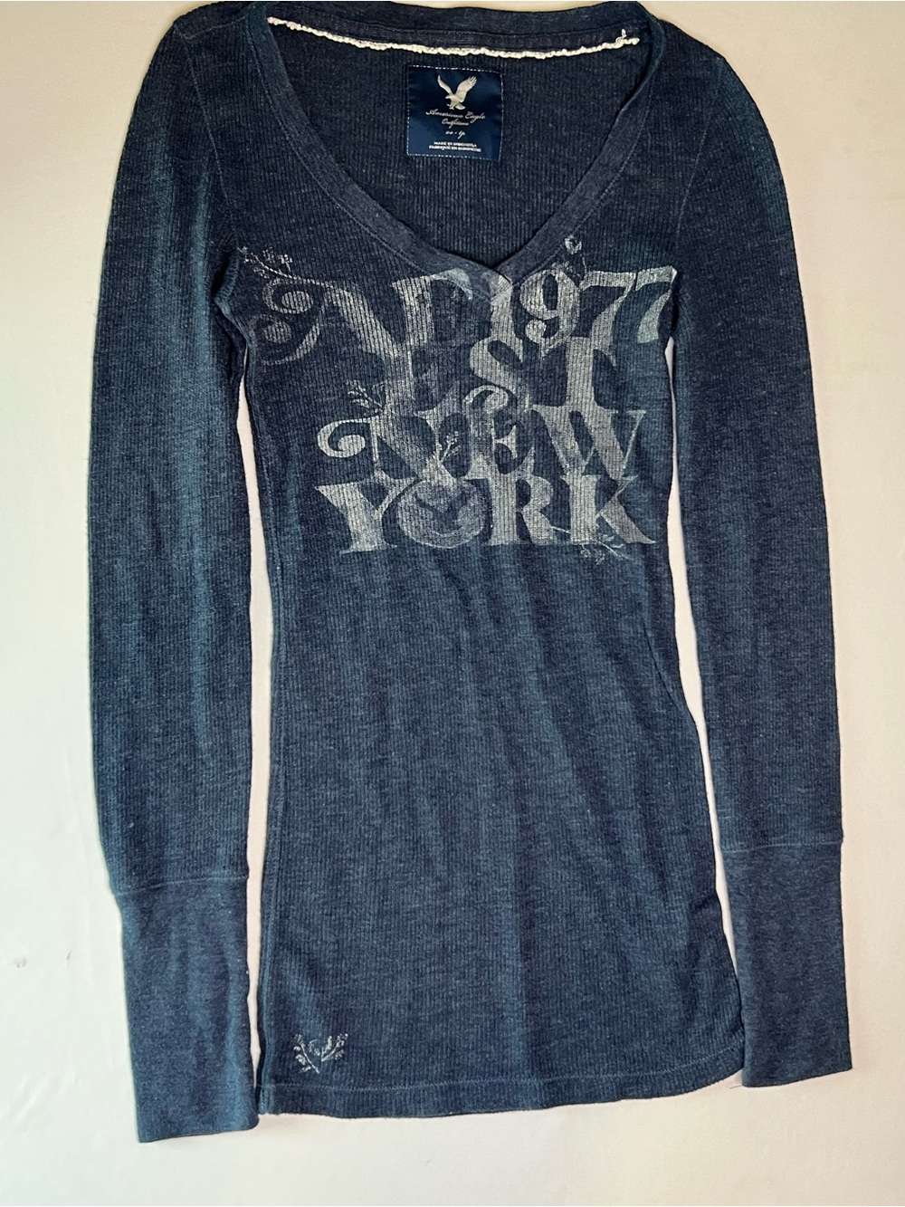 American Eagle Outfitters Women's Dark Blue Graphic Long Sleeve Top